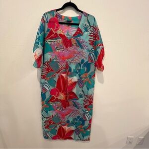 Talbots Kaftan Beach Swim CoverUp Dress Medium Sheer Tropical Floral Ocean Maxi